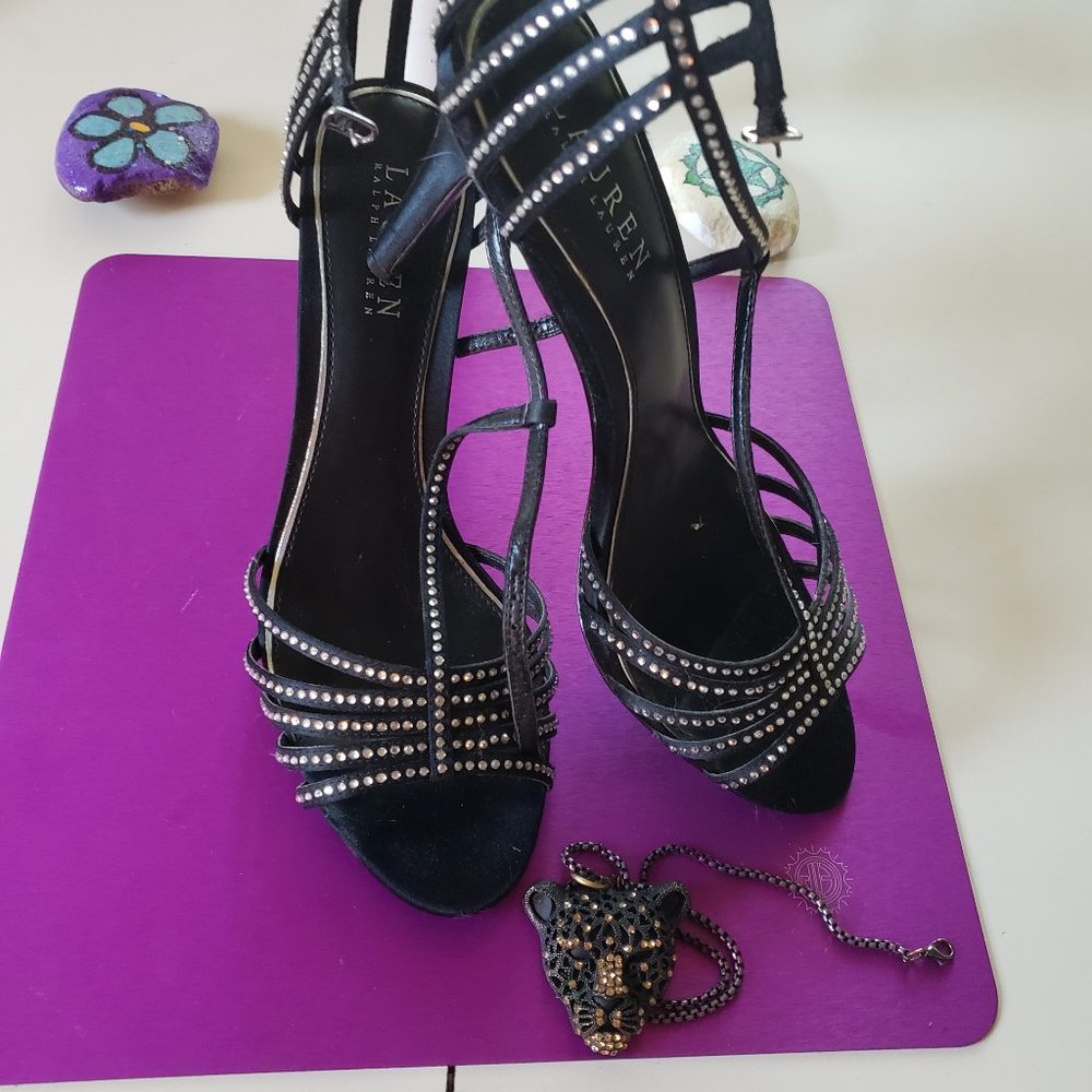 Ralph Lauren Adasia  Stiletto Sandal Black Satin Rhinestone 9.5